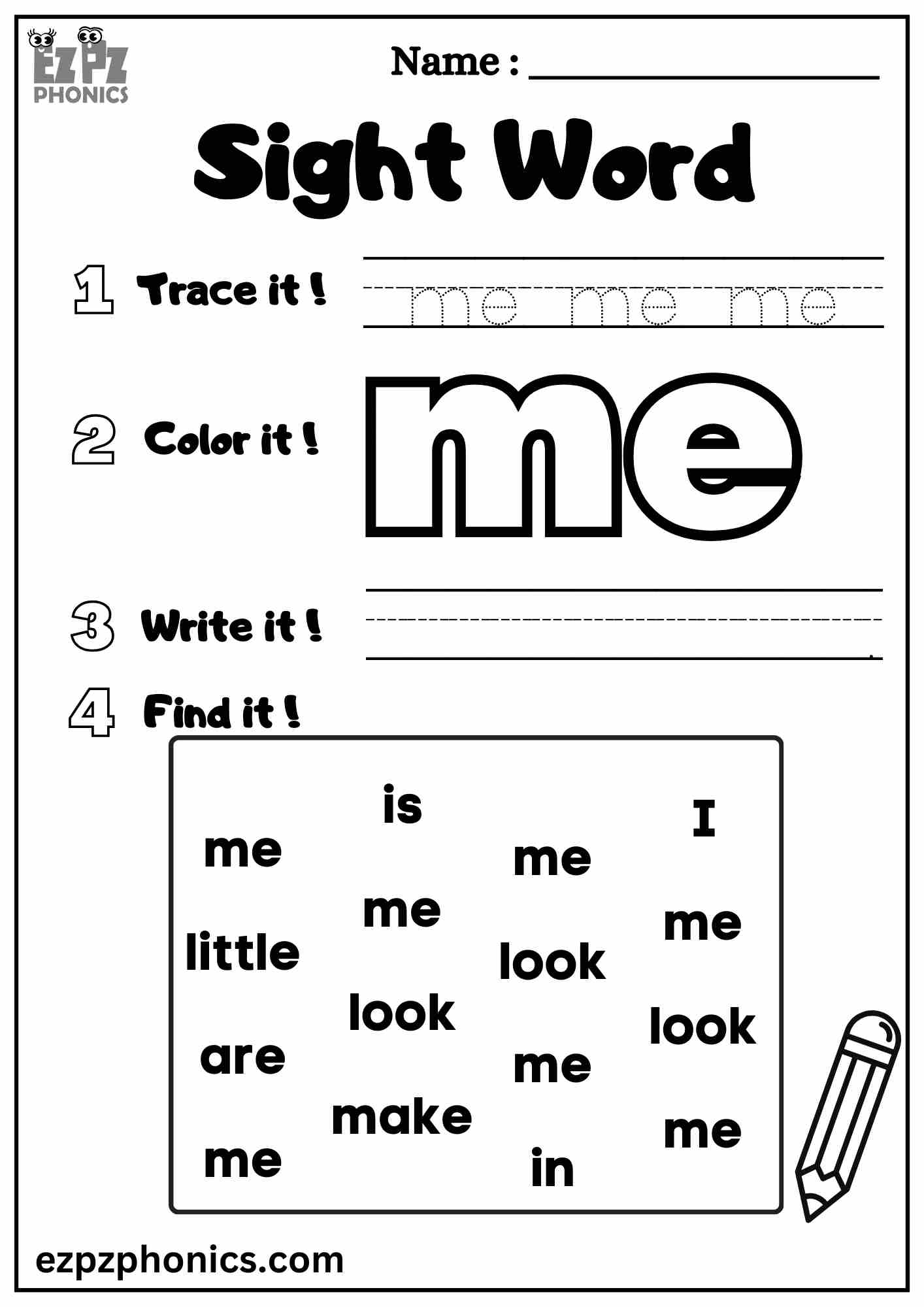 The "Me" Sight Word Worksheet for PreKindergarten Students Dolch Sight